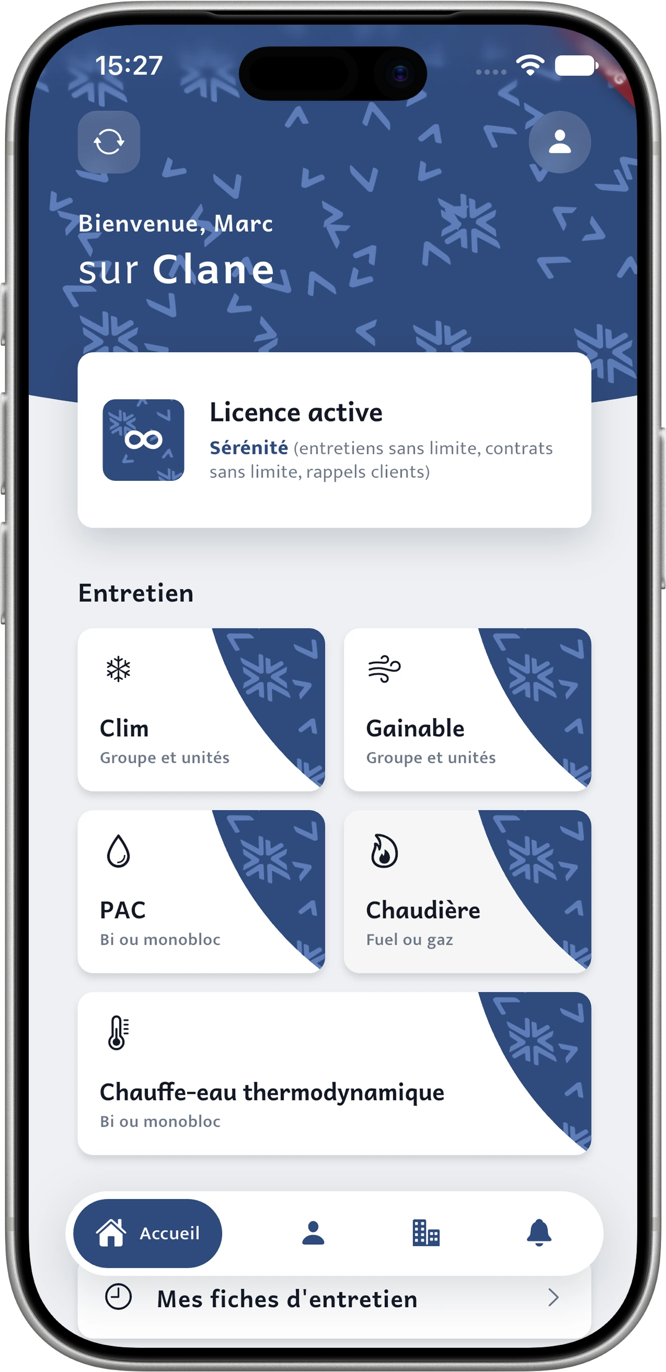 Écran d’accueil de l’application Clane