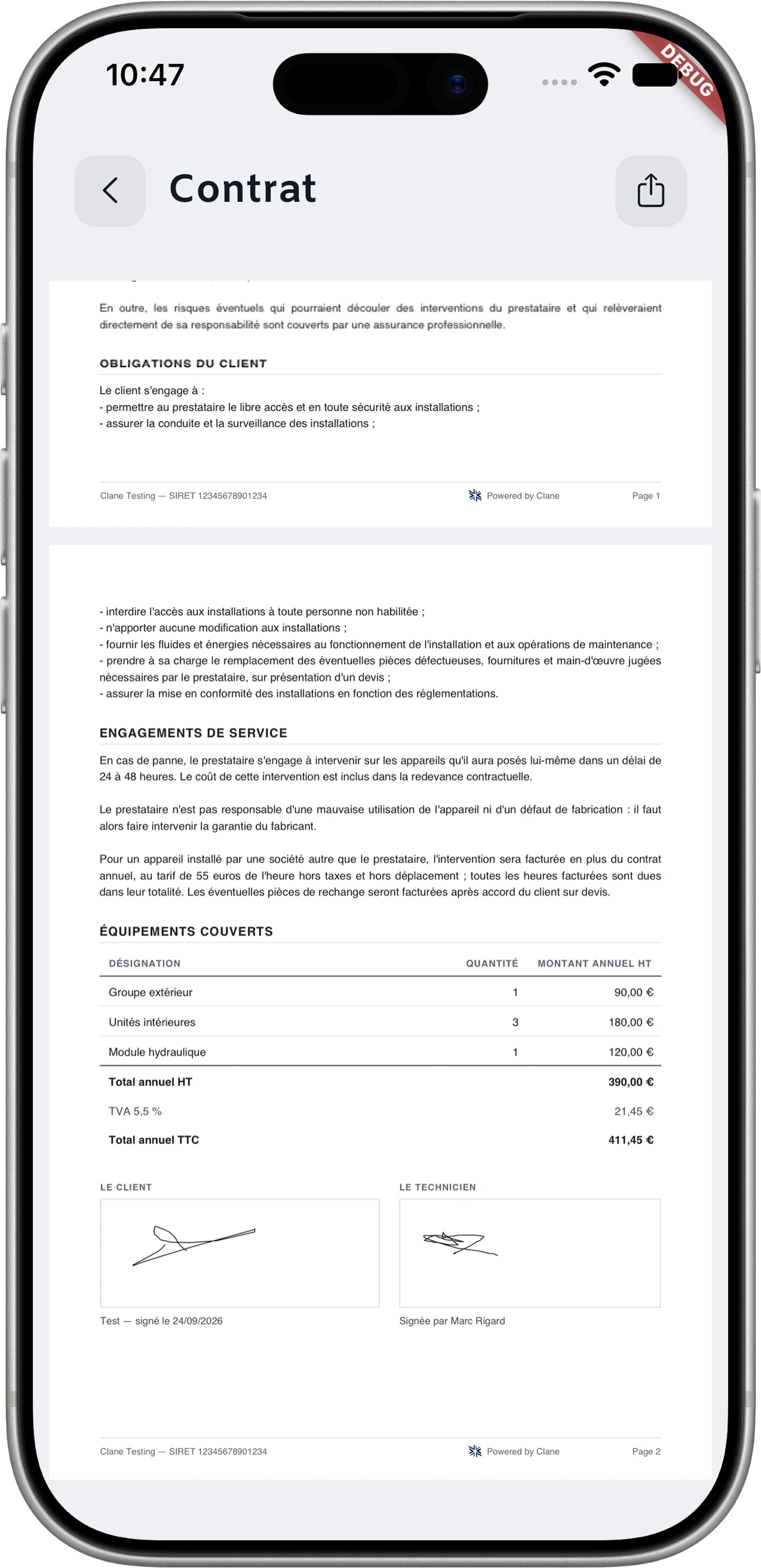 Contrat d’entretien signé dans l’application Clane