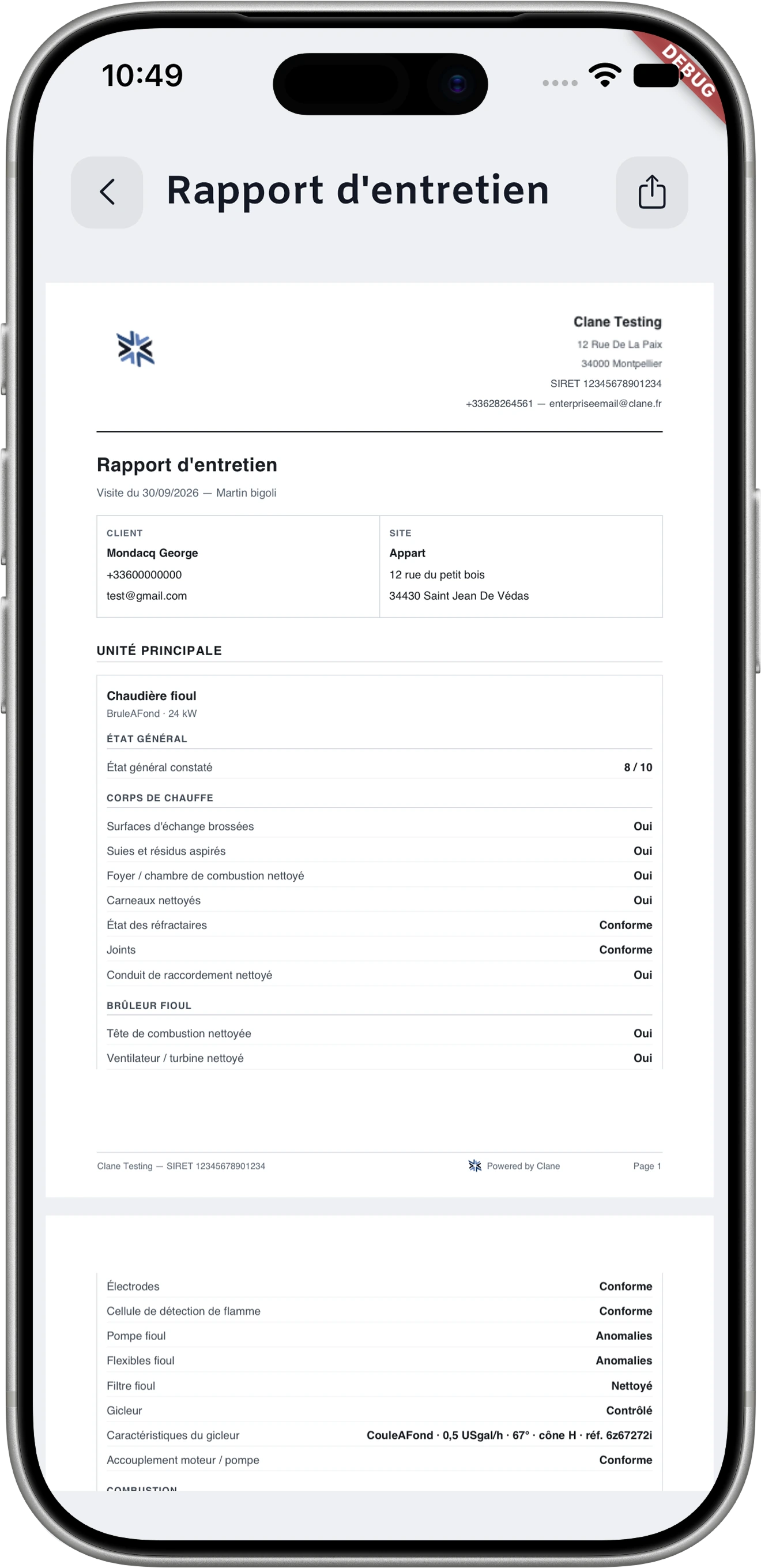 Rapport d’entretien généré dans l’application Clane